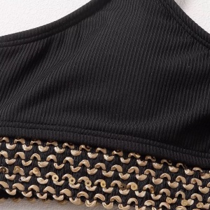 Costum de baie 2 piese reiat, broderie aurie, slip cu talie inalta, negru #ZZ2805 - Img 5