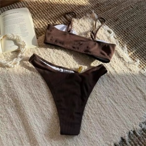 Costum de baie 2 piese reiat cu accesorii la slip si sutien, maro #ZZ2046 - Img 7
