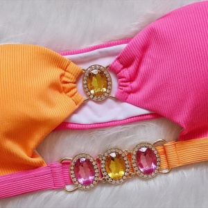 Costum de baie 2 piese reiat, cu decupaj, cristale decorative si slip reglabil, roz/ portocaliu #ZZ2823 - Img 7
