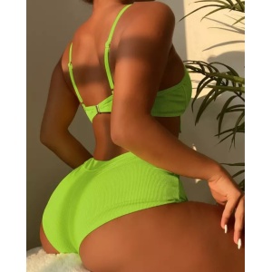 Costum de baie 2 piese reiat, slip cu talie inalta , verde neon #ZZ2866 - Img 2