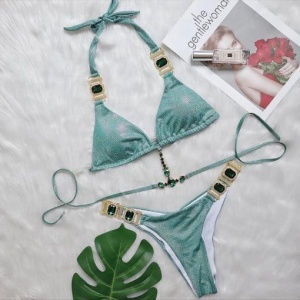 Costum de baie 2 piese sidefat cu cristale decorative, turcoaz #ZZ2888 - Img 6