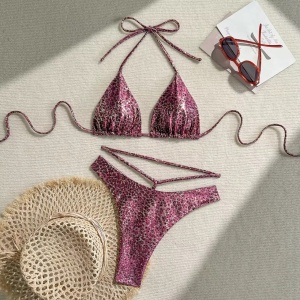 Costum de baie 2 piese sidefat cu imprimeu leopard si slip tanga, mov #ZZ2147 - Img 8