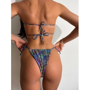 Costum de baie 2 piese sidefat, sutien fara bretele si slip reglabil, mov/ multicolor #ZZ2768 - Img 5