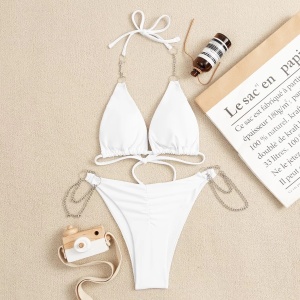 Costum de baie 2 piese, slip cu lantisoare decorative, alb #ZZ2838 - Img 5