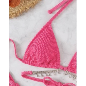 Costum de baie 2 piese texturat cu accesorii metalice decorative, roz neon #ZZ2920 - Img 4