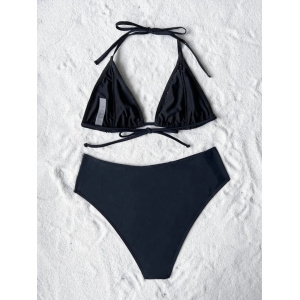 Costum de baie 2 piese texturat cu broderie, slip cu talie inalta, negru #ZZ2097 - Img 4