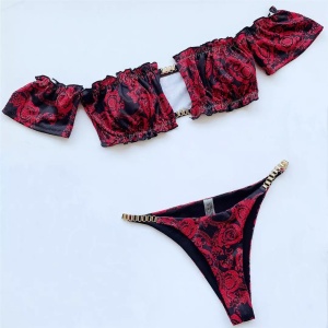 Costum de baie 2 piese texturat cu elemente metalice decorative, rosu/negru #ZZ2760 - Img 7