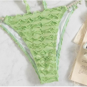 Costum de baie 2 piese texturat cu lantisoare si cristale decorative, verde #ZZ2894 - Img 5