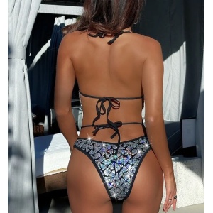 Costum de baie 2 piese texturat cu paiete mici si lanturi decorative, argintiu #ZZ2713 - Img 2