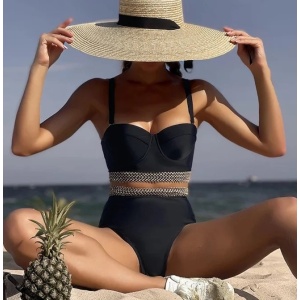 Costum de baie 2 piese texturat cu talie inalta si cupe tari buretate, negru #ZZ2762 - Img 2