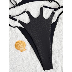 Costum de baie 2 piese unite prin snururi cu imprimeu leopard, negru #ZZ1064 - Img 10