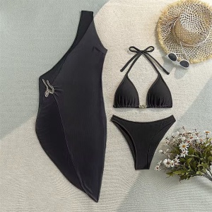 Costum de baie 3 piese cu catarame metalice, negru #ZZ3021 - Img 2