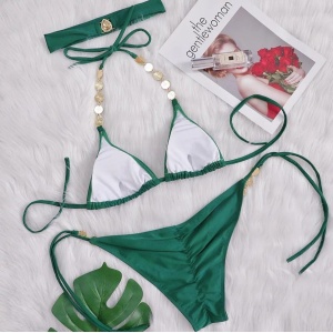 Costum de baie 3 piese cu cristale decorative, verde #ZZ2724 - Img 6