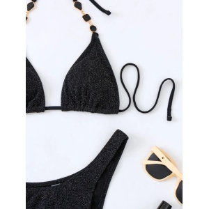 Costum de baie 3 piese cu esarfa, sclipici si cristale decorative, negru #ZZ3900 - Img 5