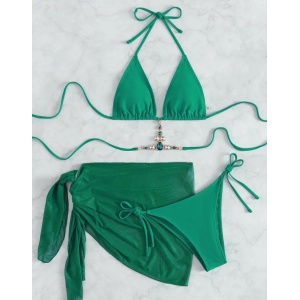Costum de baie 3 piese cu esarfa si cristale decorative, verde #ZZ3978 - Img 2