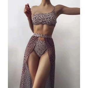 Costum de baie 3 piese cu fusta, imprimeu leopard, mov #ZZ3927 - Img 2