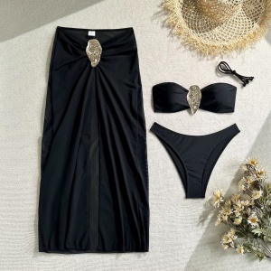 Costum de baie 3 piese cu fusta lungă și catarame metalice decorative , negru #ZZ3017 - Img 5