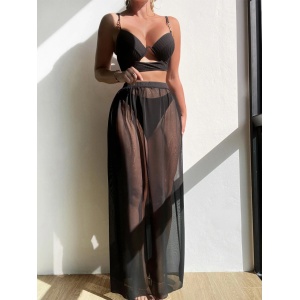 Costum de baie 3 piese cu fusta lunga, sutien tip bustiera cu cupe tari din burete, negru #ZZ3908 - Img 2