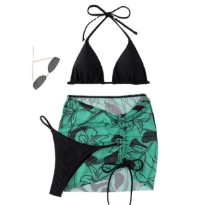Costum de baie 3 piese cu fusta scurta, negru/ verde #ZZ3981 - Img 3