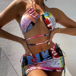 Costum de baie 3 piese cu fusta scurta si imprimeu, multicolor #ZZ3963