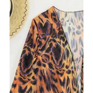 Costum de baie 3 piese cu halat, cupe buretate, slip reglabil, animal print, negru/ maro #ZZ3953 - Img 8