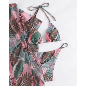 Costum de baie 3 piese cu pantaloni lungi vaporosi, imprimeu, roz/ verde#ZZ3974 - Img 4
