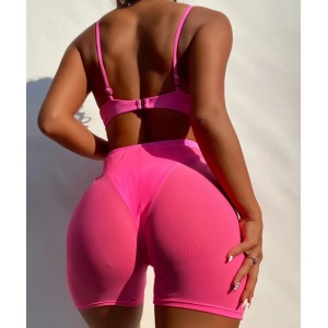 Costum de baie 3 piese cu pantaloni scurti semitransparenti, roz neon #ZZ3968 - Img 2