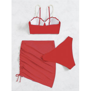 Costum de baie 3 piese cu push-up, fusta scurta si perle decorative, rosu #ZZ3005 - Img 8