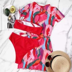 Costum de baie 3 piese cu rochie acurta si slip cu talie inalta, rosu #ZZ3912 - Img 10