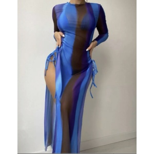 Costum de baie 3 piese cu rochie lunga, albastru #ZZ3918