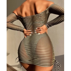 Costum de baie 3 piese cu rochie scurta, snururi reglabile, sutien fara bretele, negru/ kaki #ZZ3938 - Img 2