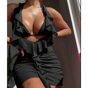 Costum de baie 3 piese cu rochita scurta decoltata si volane, negru #ZZ3914 - Img 2