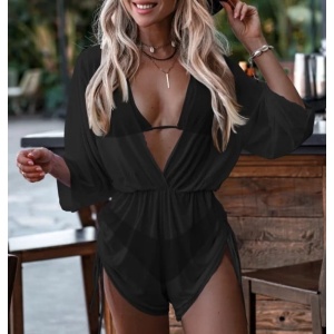 Costum de baie 3 piese cu salopeta semitransparenta, negru #ZZ3911