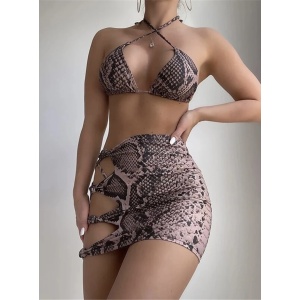 Costum de baie 3 piese, fusta cu decupaje, slip tanga, imprimeu sarpe, maro #ZZ3982 - Img 3