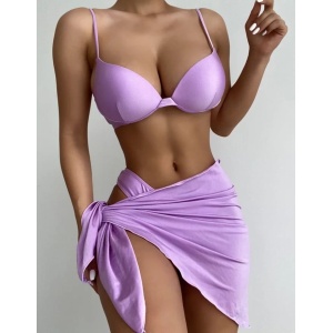 Costum de baie 3 piese satinat, cu esarfa, cupe buretate, lila #ZZ3971