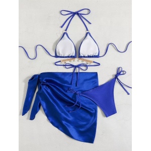 Costum de baie 3 piese satinat cu esarfa, perle decorative, albastru #ZZ3984 - Img 6