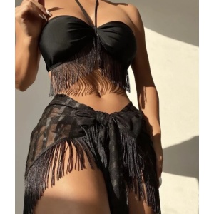 Costum de baie 3 piese sexy cu fusta si franjuri decorative, negru #ZZ3922