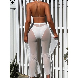 Costum de baie 3 piese sidefat cu pantalon lung semitransparent, alb #ZZ3939 - Img 4