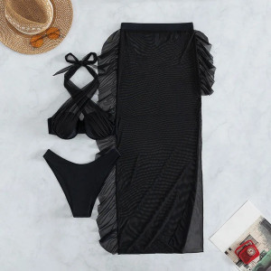 Costum de baie 3 piese, sutien cu cupe tari din burete si fusta lunga din voal, negru #ZZ3031 - Img 3