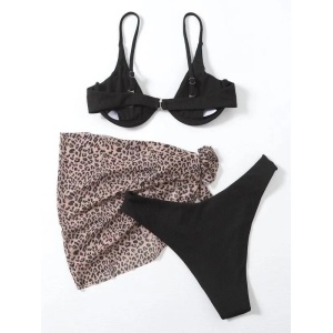 Costum de baie 3 piese texturat cu esarfa imprimeu leopard, negru #ZZ3931 - Img 3