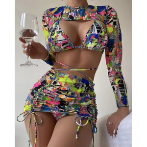 Costum de baie 4 piese cu bluza scurta si fusta cu snururi reglabile, multicolor #ZZ3033 - Img 3