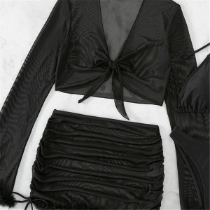 Costum de baie 4 piese cu fusta scurta si bluza, puf decorativ, negru#ZZ3012 - Img 8