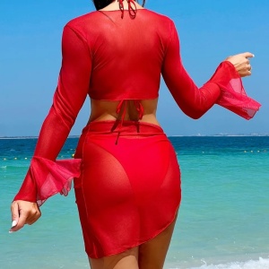 Costum de baie 4 piese, fusta tip esarfa si bluza, trandafiri decorativi, rosu #ZZ3049 - Img 3