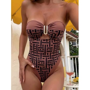 Costum de baie intreg cu bretele detasabile si catarama aurie, maro/ negru #ZZ1026