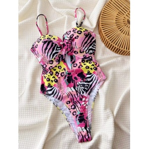 Costum de baie intreg cu cupe tari din burete, animal print multicolor #ZZ1034 - Img 3