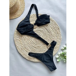 Costum de baie intreg cu decupaje mari si elemente metalice decorative, negru #ZZ1032 - Img 3