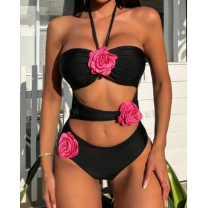 Costum de baie intreg cu decupaje si trandafiri decorativi, negru/ roz neon #ZZ1023