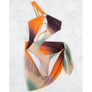 Costum de baie intreg cu esarfa, decupaje si decolteu, portocaliu/ multicolor #ZZ1920 - Img 3