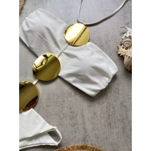 Costum de baie intreg decupat cu accesorii decorative aurii, alb #ZZ2139 - Img 4