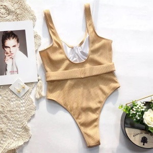 Costum de baie intreg din material reiat, curea elastica detasabila in talie, nude #ZZ1913 - Img 4